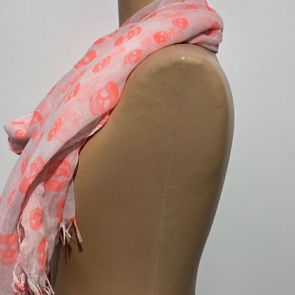 Unisex Orange Skull Print Sheer Lightweight Fringe Trim Off White Scarf 28X72 - Picture 3 of 4